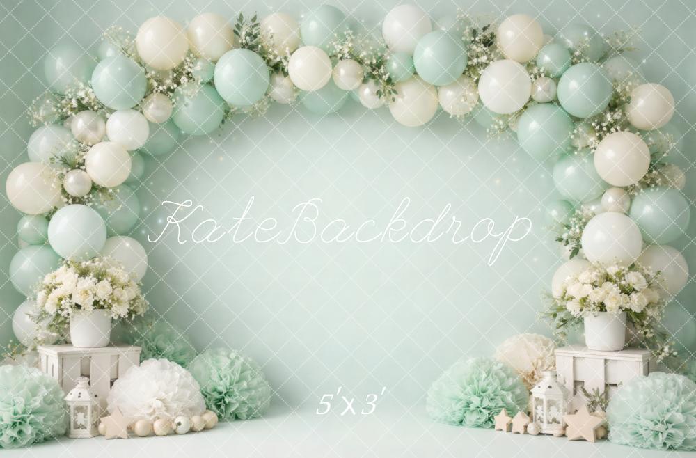Kate Cake Smash Mint Balloon Flower Arch Stars Lanterns Printed Backdrop Designed by Vertigo Productions