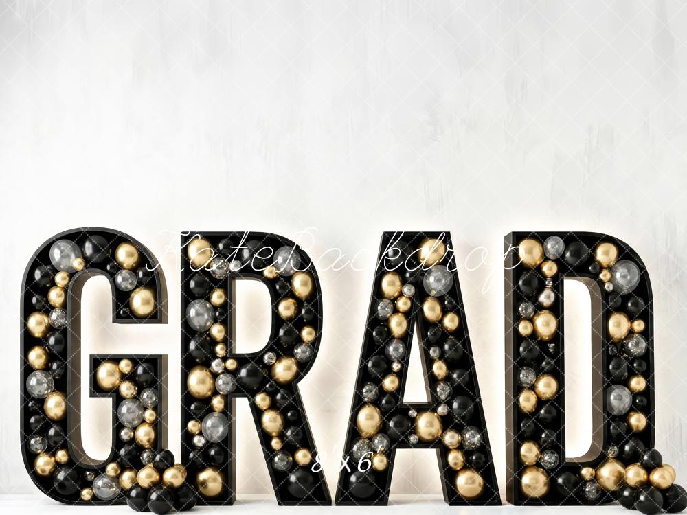 Kate Graduation Black Gold Silver Balloons Printed Backdrop Designed by Patty Roberts