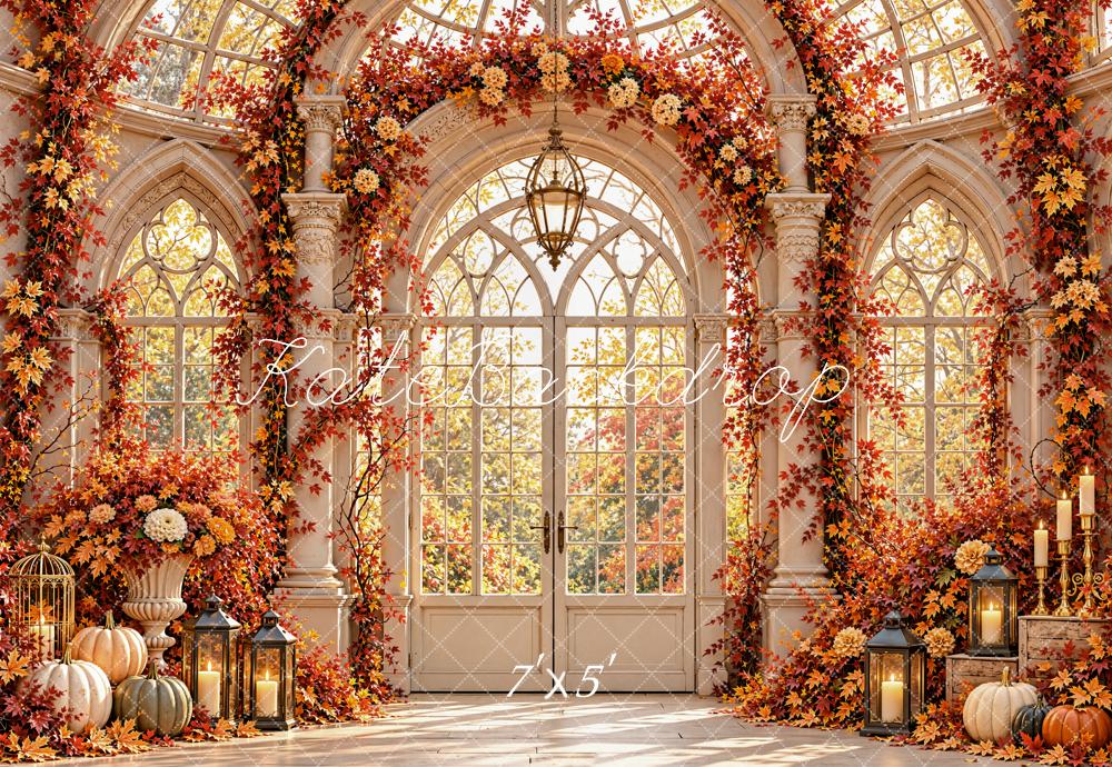 Kate Fall Gothic Greenhouse Pumpkins Flower Arch Orange Leaves Printed Backdrop Designed by Emetselch