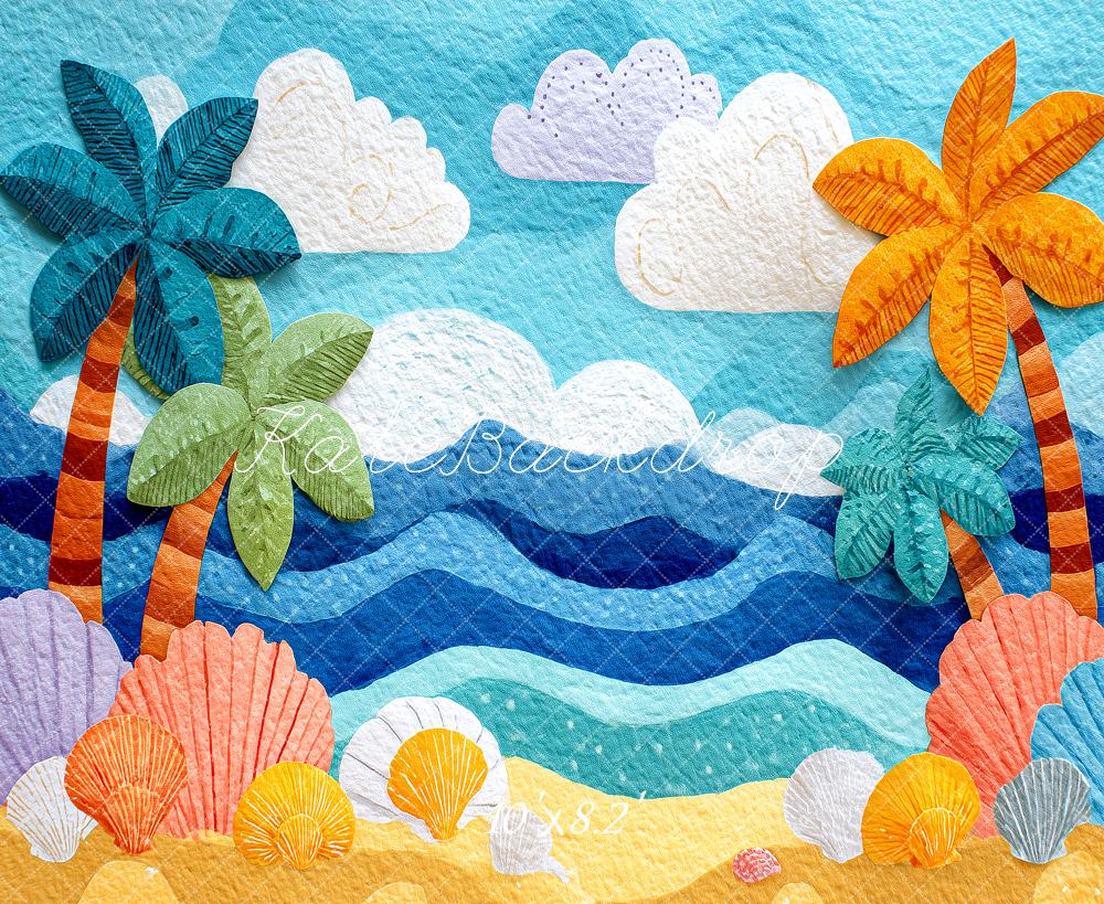 Kate Summer Palm Trees Seashells Ocean Waves Printed Backdrop Designed by Angela Miller