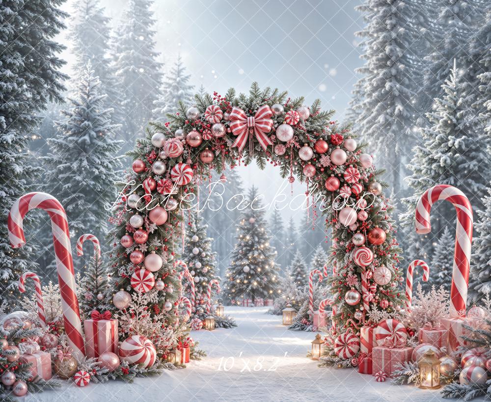 Kate Christmas Candy Arch Peppermint Gifts Snowy Forest Printed Backdrop Designed by Emetselch