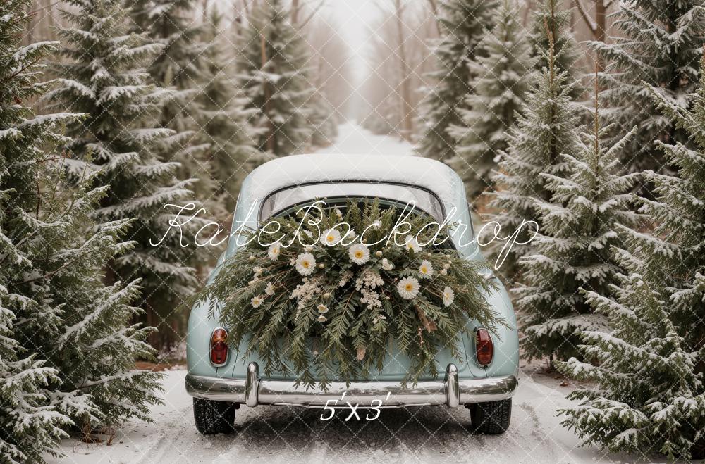 Kate Christmas Winter Vintage Car Evergreen Forest Flowers Snow Printed Backdrop Designed by Ashley Ward