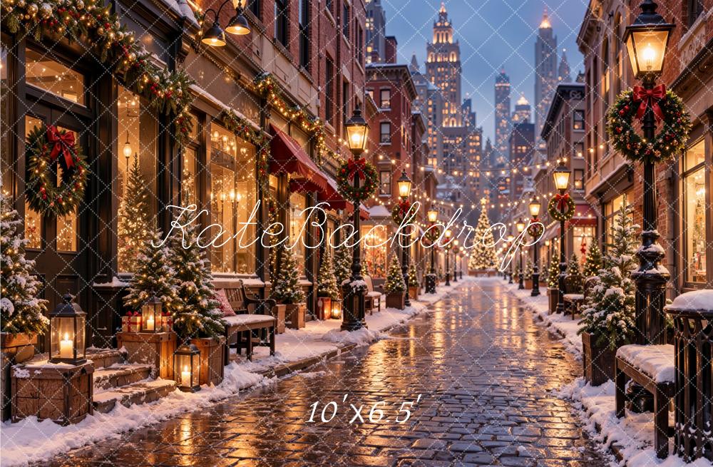 Kate Christmas City Street Snowy Buildings Cobblestone Printed Backdrop Designed by Jordan Moon