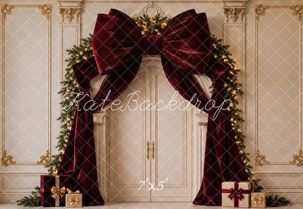 Kate Christmas Burgundy Velvet Bow Garland Arch Printed Backdrop Designed by Vertigo Productions