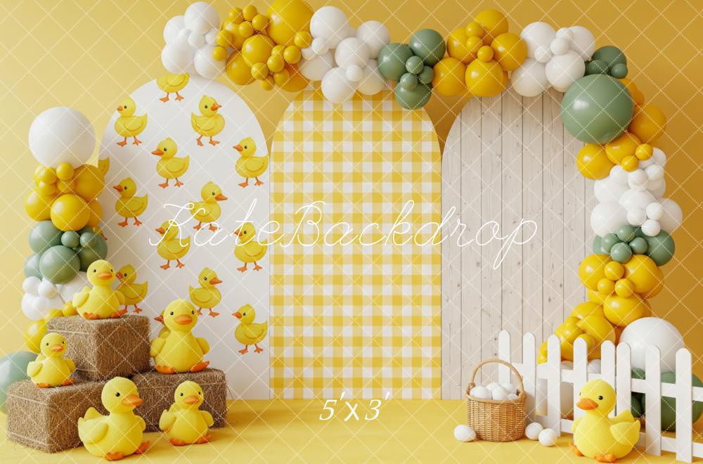 Kate Cake Smash Duckling Balloons Yellow Plaid Arches Backdrop Designed by Patty Roberts