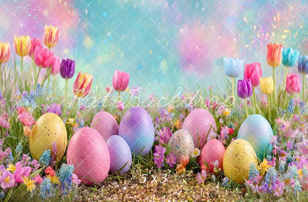 Kate Easter Colorful Eggs Tulip Flower Garden Field Printed Backdrop Designed by Angela Miller