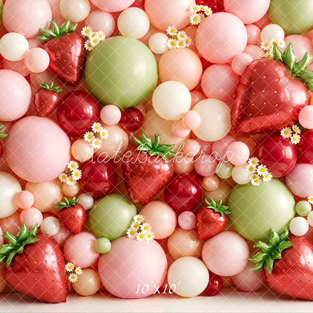 Kate Summer Strawberry Balloon Wall with Daisies Printed Backdrop Designed by Emetselch