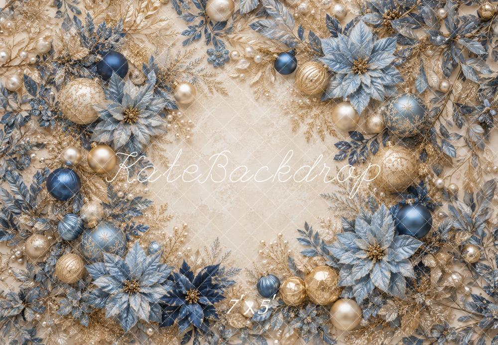 Kate Christmas Blue Gold Ornaments Poinsettias Garland Printed Backdrop Designed by Megan Leigh Photography