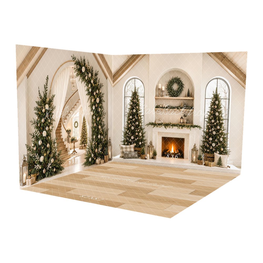 Kate Christmas Beige Fireplace Trees Staircase Arch Gable Roof Printed Backdrop Room Set