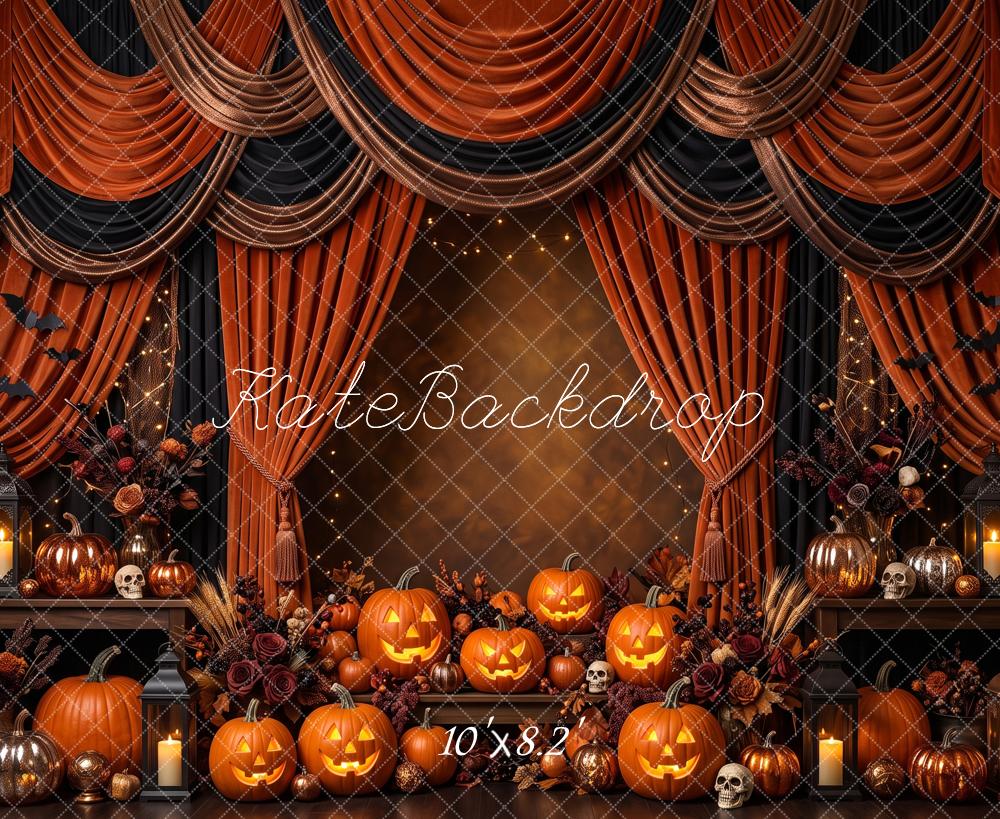 Kate Halloween Drapery Pumpkin Skull Bats Printed Backdrop Designed by Patty Roberts