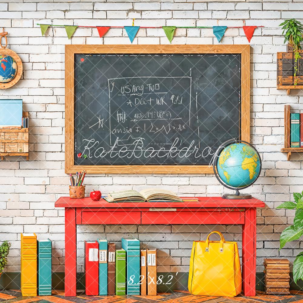 Kate Back To School Blackboard Red Desk Books Globe Backdrop Designed by Emetselch