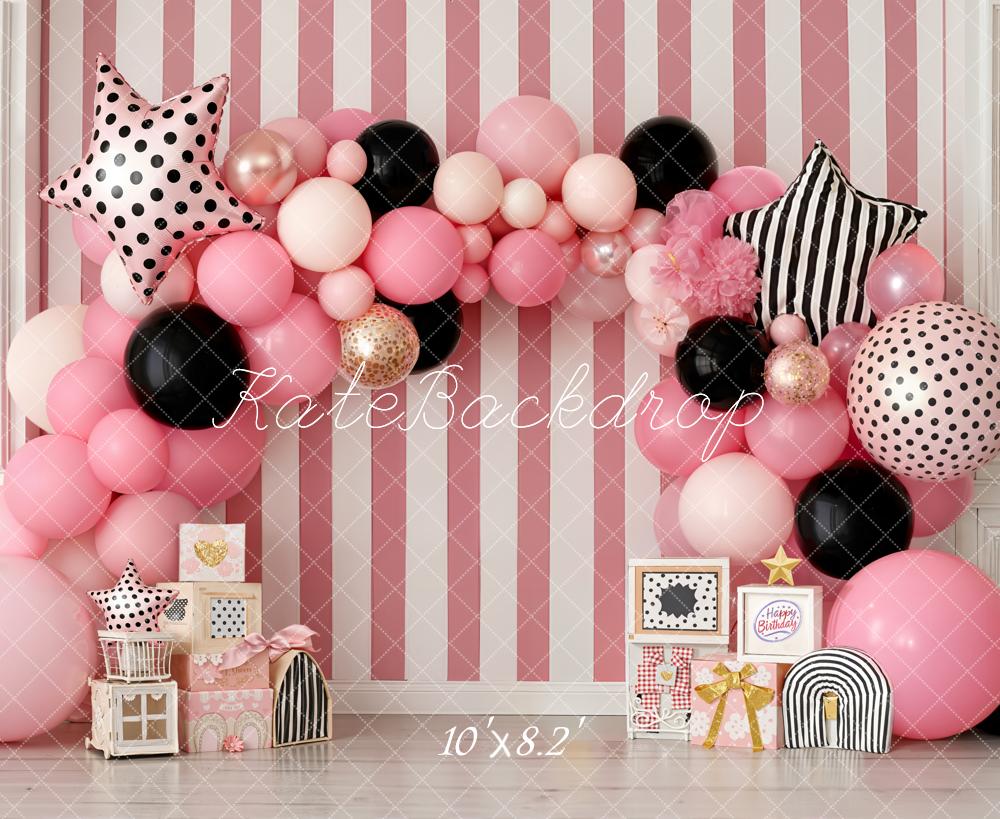 TEST Kate Cake Smash Pink Balloon Arch Striped Wall Backdrop Designed by Emetselch