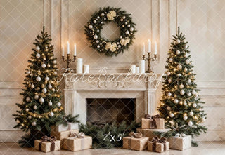 Kate Christmas Trees Fireplace Wreath Gifts White Printed Backdrop Designed by Emetselch