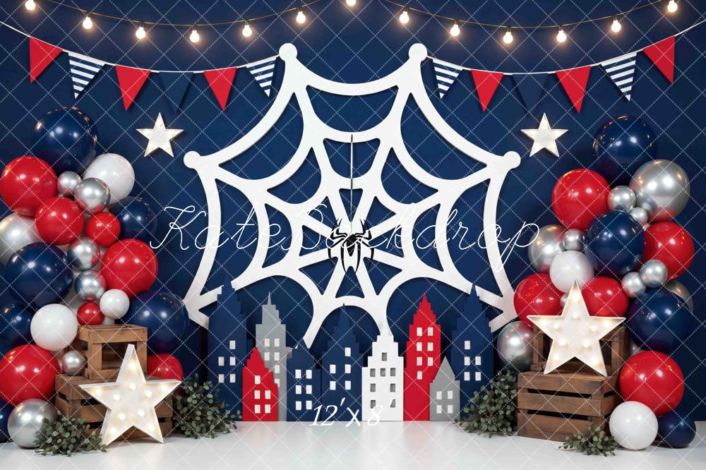 Kate Superhero Spider Web Cityscape Balloons Stars Bunting Printed Backdrop Designed by Mini MakeBelieve
