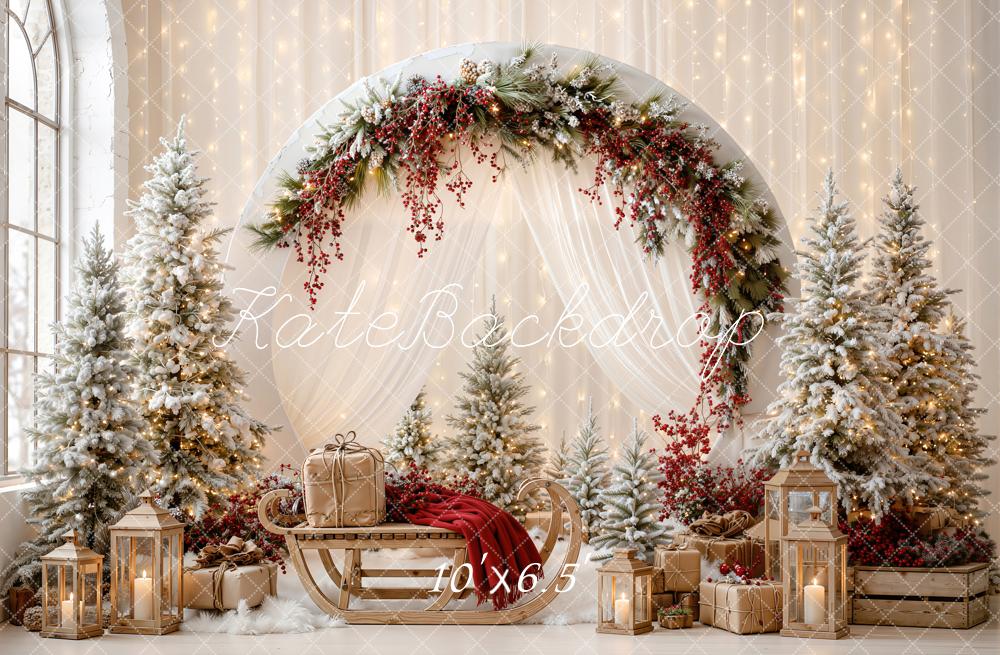 Kate Christmas White Circle Arch Drapes Sleigh Trees Lanterns Printed Backdrop Designed by Emetselch