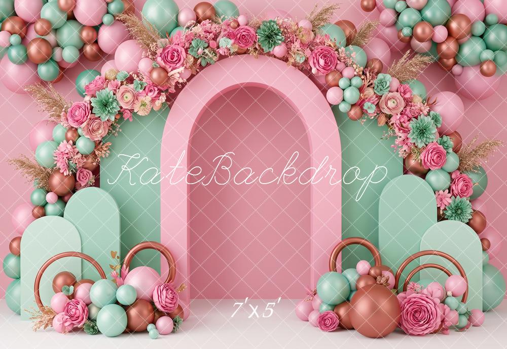 Kate Cake Smash Flower Arch Pink Mint Balloons Printed Backdrop Designed by Angela Miller
