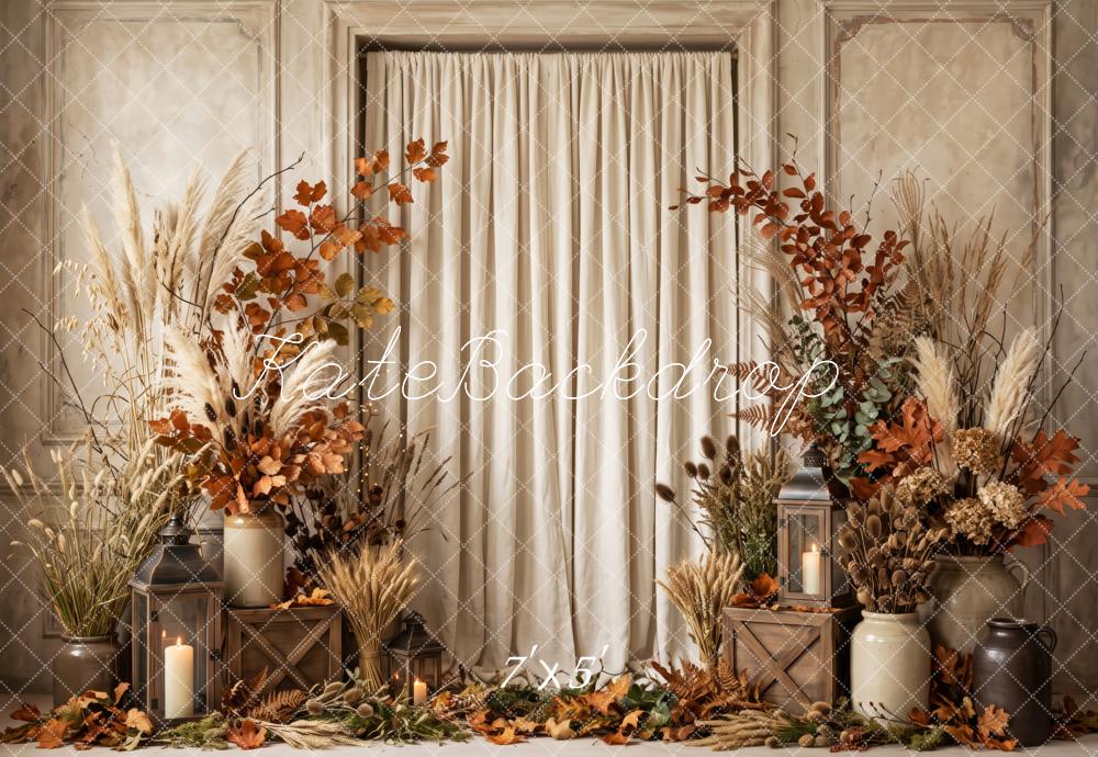 Kate Fall Floral Cozy Draped Curtain Vintage Beige Printed Backdrop Designed by Patty Roberts