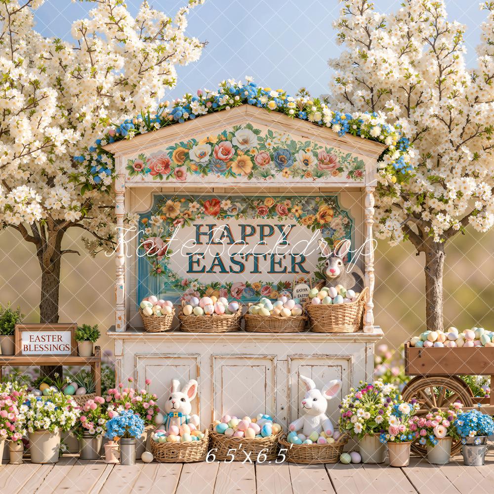 Kate Easter Bunny Floral Market Eggs Baskets Cherry Blossom Printed Backdrop Designed by Emetselch