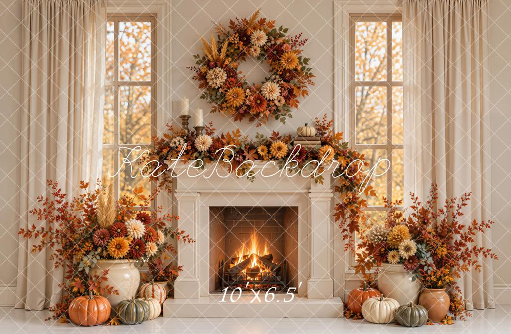 Kate Fall Fireplace Floral Wreath Pumpkins Printed Backdrop Designed by Emetselch