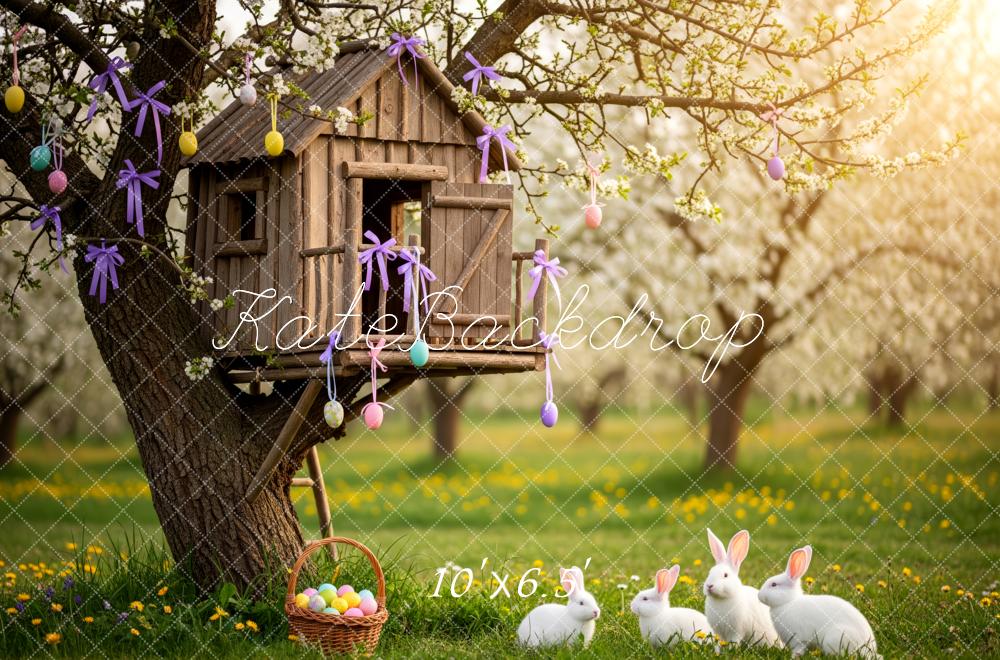 Kate Easter Bunny Treehouse Pastel Eggs Meadow Printed Backdrop Designed by Patty Roberts