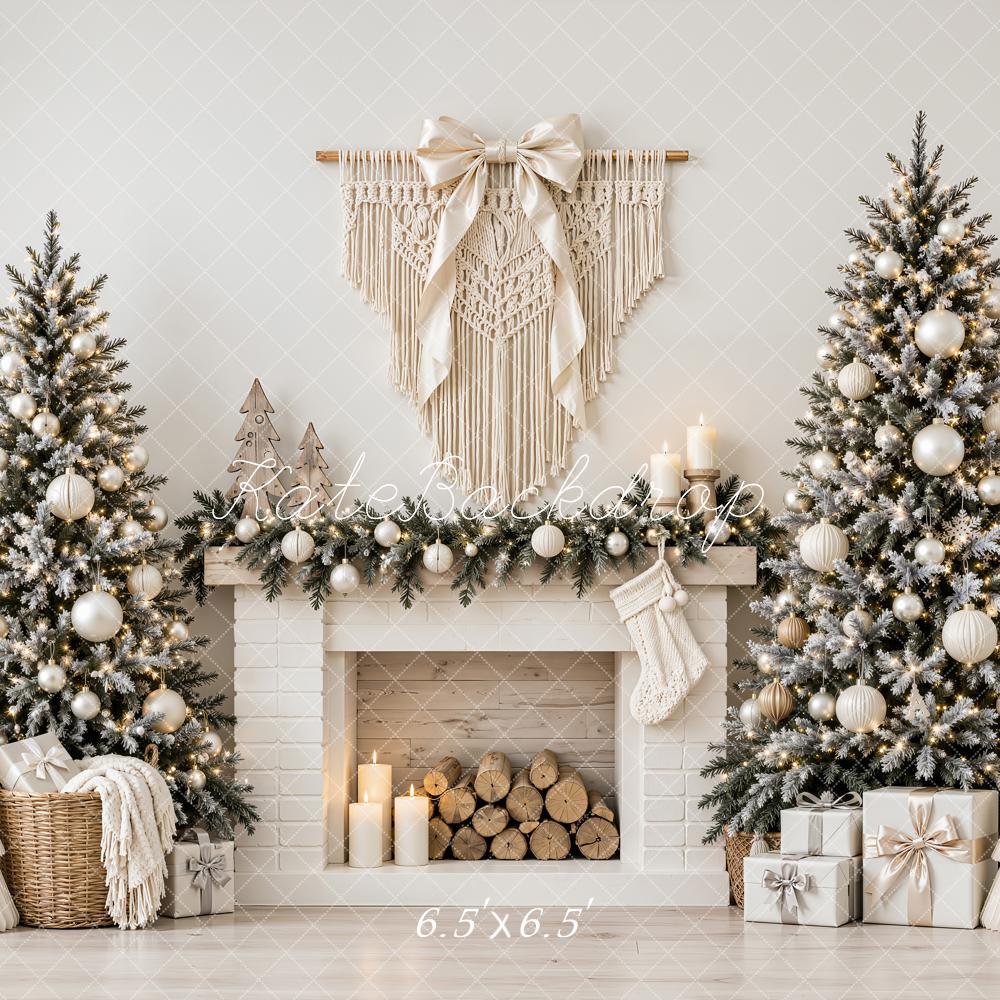 Kate Christmas Boho White Fireplace Trees Macrame Printed Backdrop Designed by Emetselch