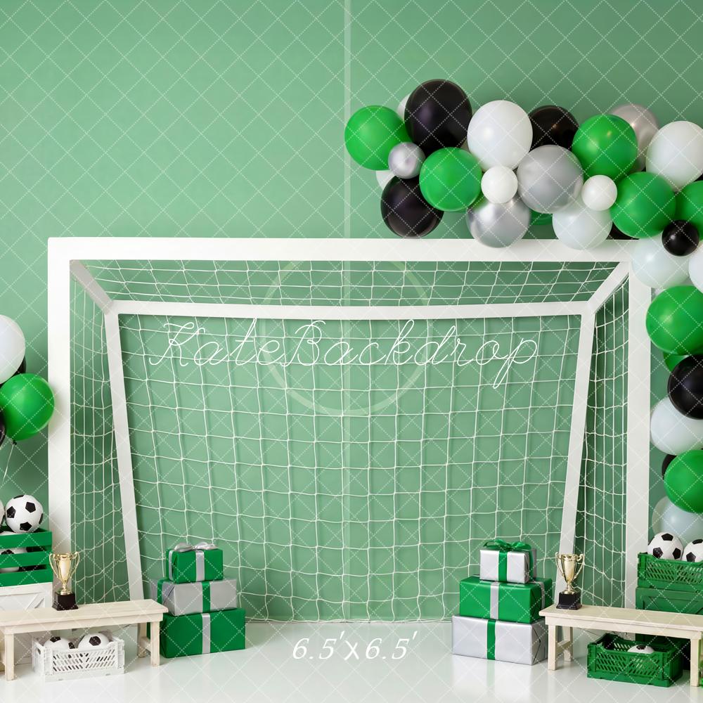 Kate Cake Smash Soccer Goal Green Black White Balloons Printed Backdrop Designed by Patty Roberts