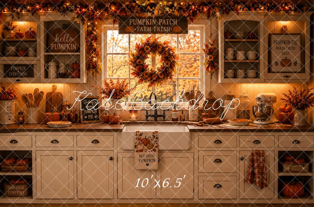 Kate Fall Pumpkin Farmhouse Kitchen Wreath Window Printed Backdrop Designed by Caitlin Lynch