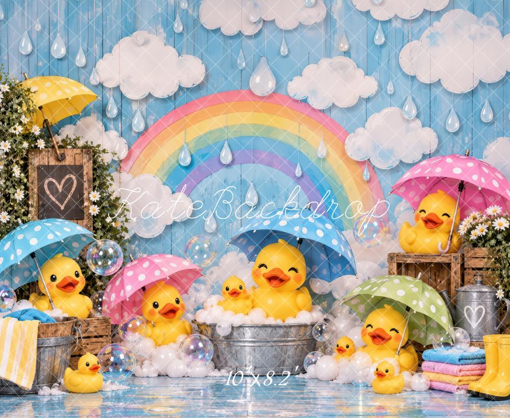 Kate Baby Shower Spring Blue Rainy Day Ducks Umbrellas Rainbow Printed Backdrop Designed by Laura Bybee