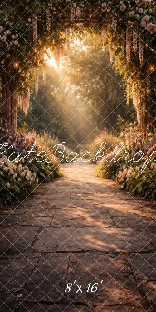 Kate Sweep Flower Arch Stone Pathway Sunlight Printed Printed Backdrop Designed by Vertigo Productions