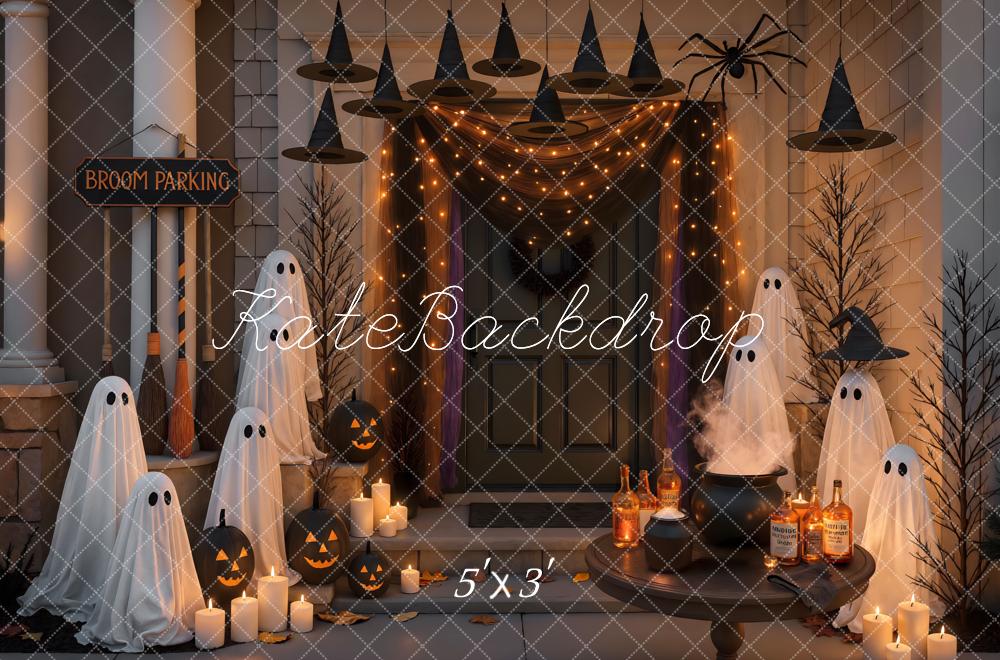 Kate Halloween Porch Ghosts Witch Hats Pumpkins Cauldron Backdrop Designed by Mini MakeBelieve