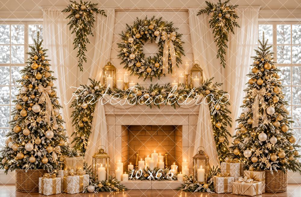 Kate Christmas Fireplace  Christmas Trees Wreath Gold Ornaments Window Printed Backdrop Designed by Emetselch