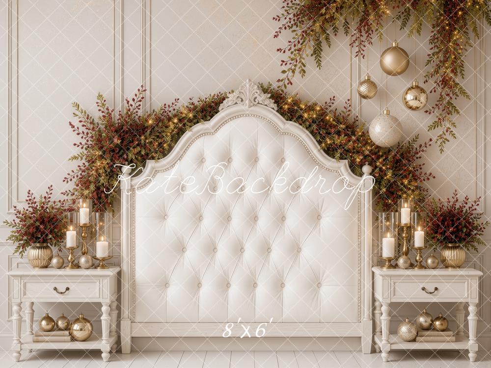 Kate Christmas White Tufted Headboard Garland Nightstands Printed Backdrop Designed by Ashley Ward