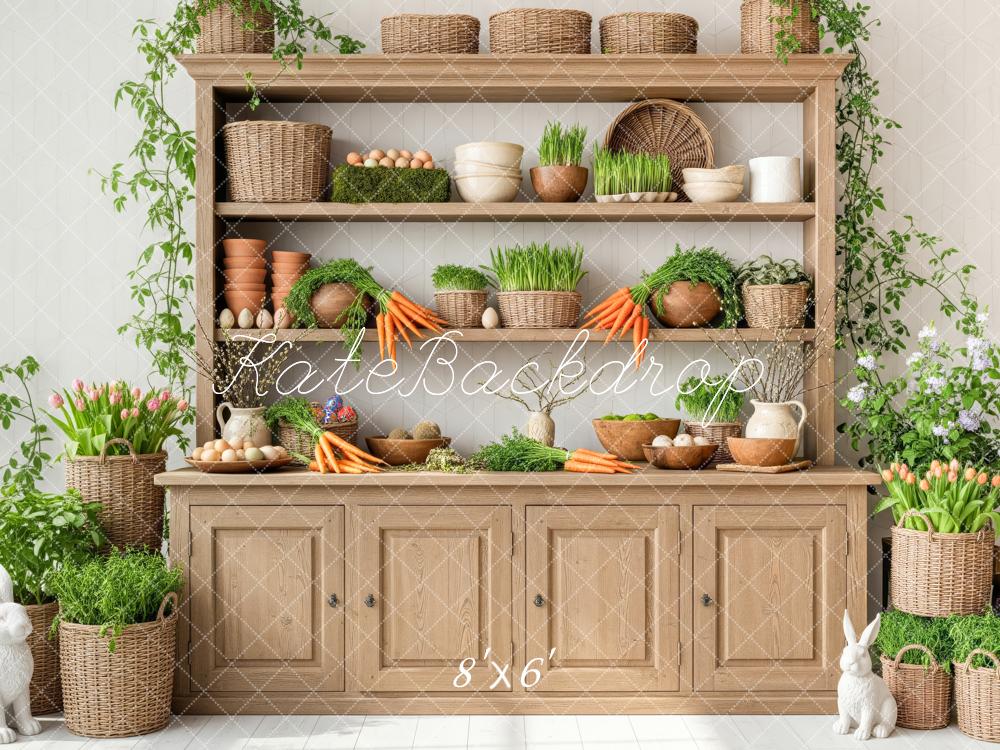 Kate Easter Bunny Shelf Carrots Eggs Plants Cabinet Printed Backdrop Designed by Patty Roberts