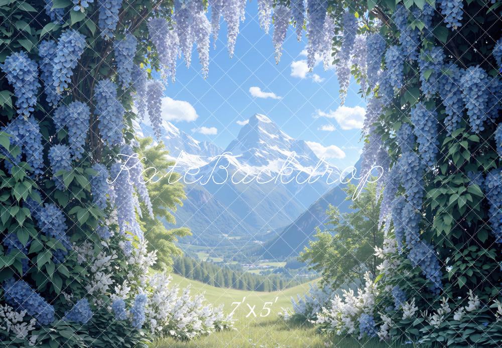 Kate Summer Blue Wisteria Flower Arch Mountain Landscape Printed Backdrop Designed by Mini MakeBelieve