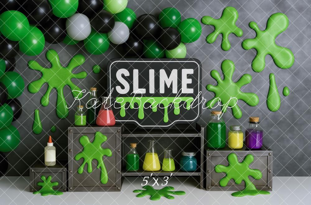 Kate Cake Smash Slime Lab Green Balloons Backdrop Designed by Mini MakeBelieve