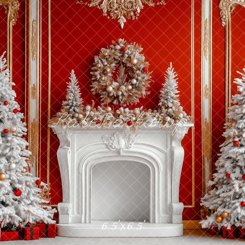 Kate Christmas White Frosted Trees Fireplace Red Wall Wreath Backdrop Designed by Patty Roberts