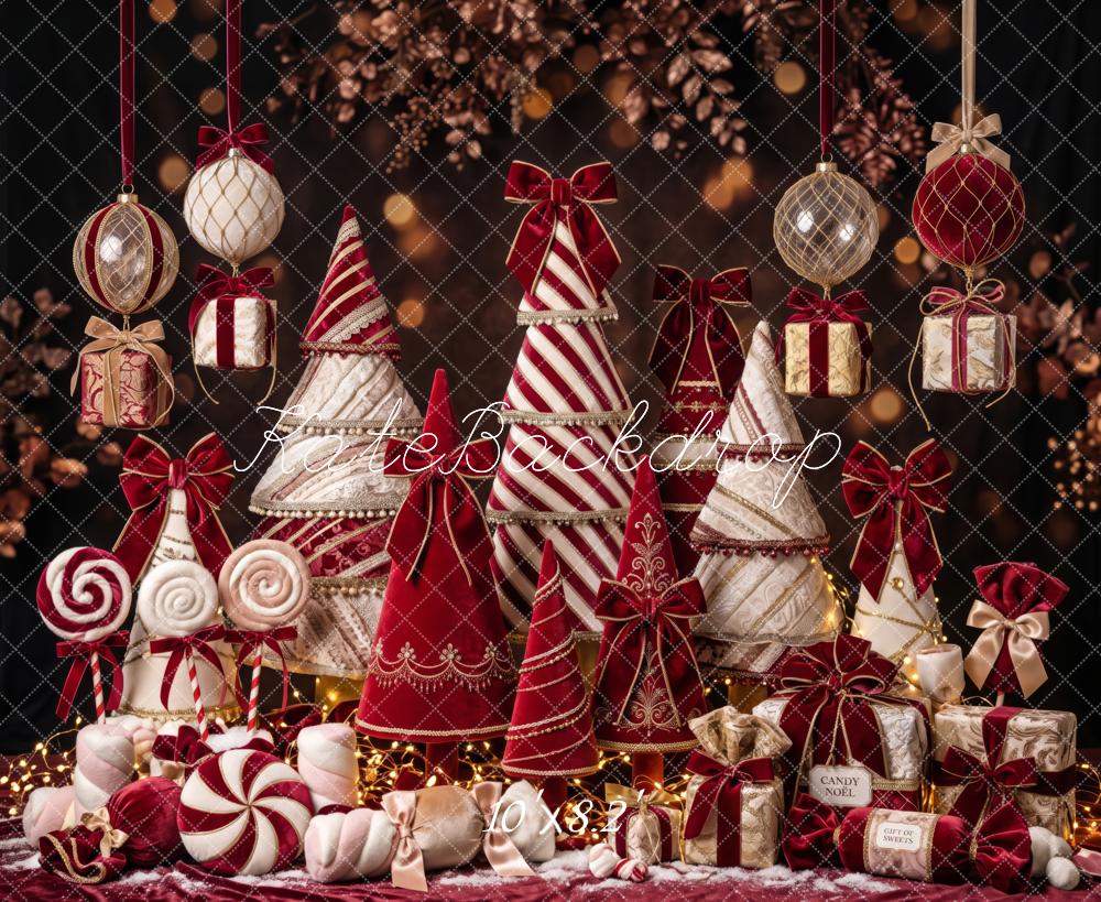 Kate Christmas Candy Cane Trees Red Velvet Ornaments Gifts Printed Backdrop Designed by Patty Roberts
