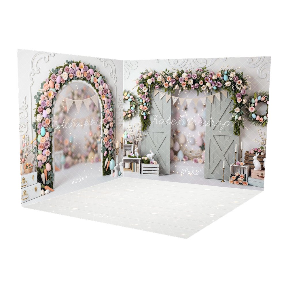 Kate Easter Bunny Flower Arch Pastel Barn Doors Backdrop Room Set