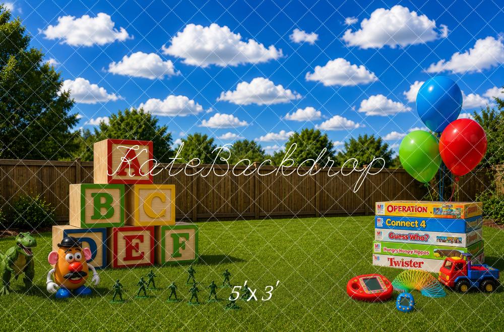 Kate Kids Backyard Toys Balloons Blocks Board Games Printed Backdrop Designed by Megan Leigh Photography