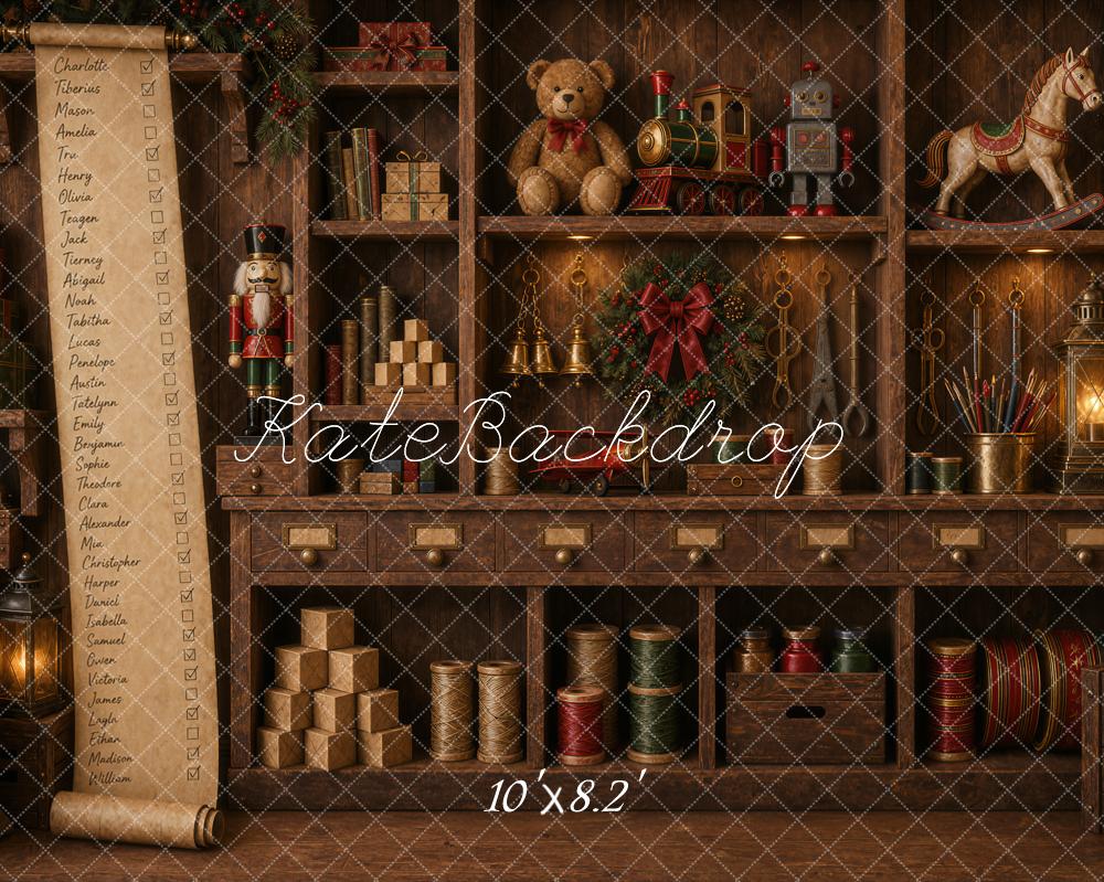 Kate Christmas Santas Workshop Toy Shelf Nutcracker Train Wreath Printed Backdrop Designed by Ashley Ward