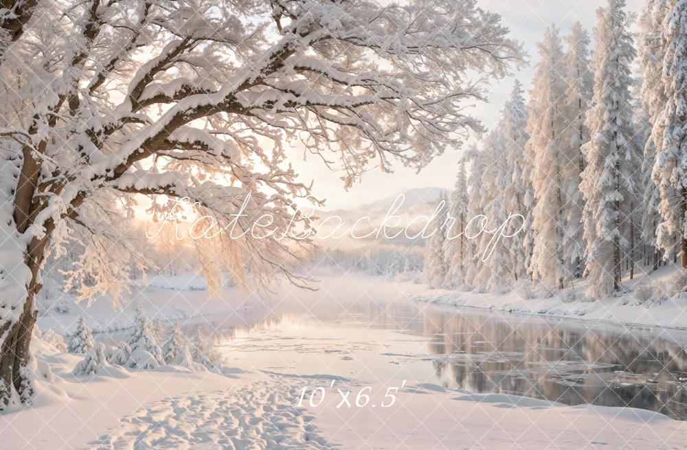 Kate Winter Snowy Forest Lake Sunrise Printed Backdrop Designed by Emetselch
