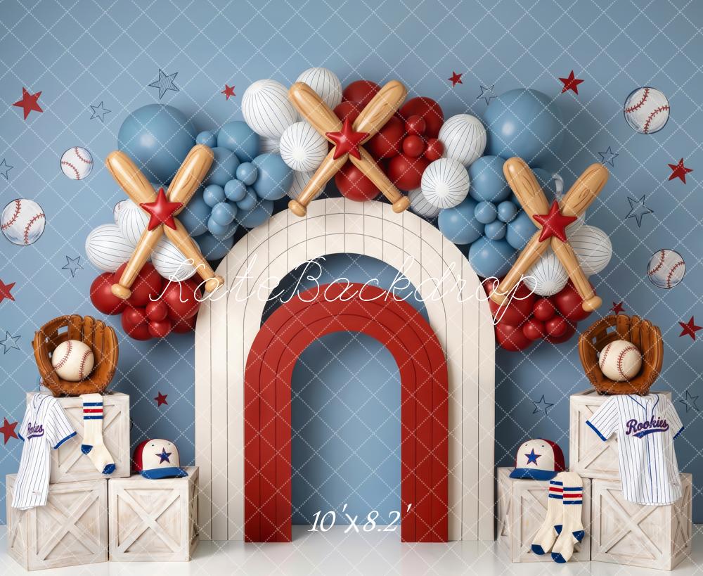 Kate Birthday Blue Baseball Arch Bats Balloons Printed Backdrop Designed by Patty Roberts