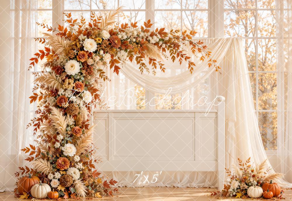 Kate Fall Wedding Flower Arch Pumpkins Printed Backdrop Designed by Emetselch
