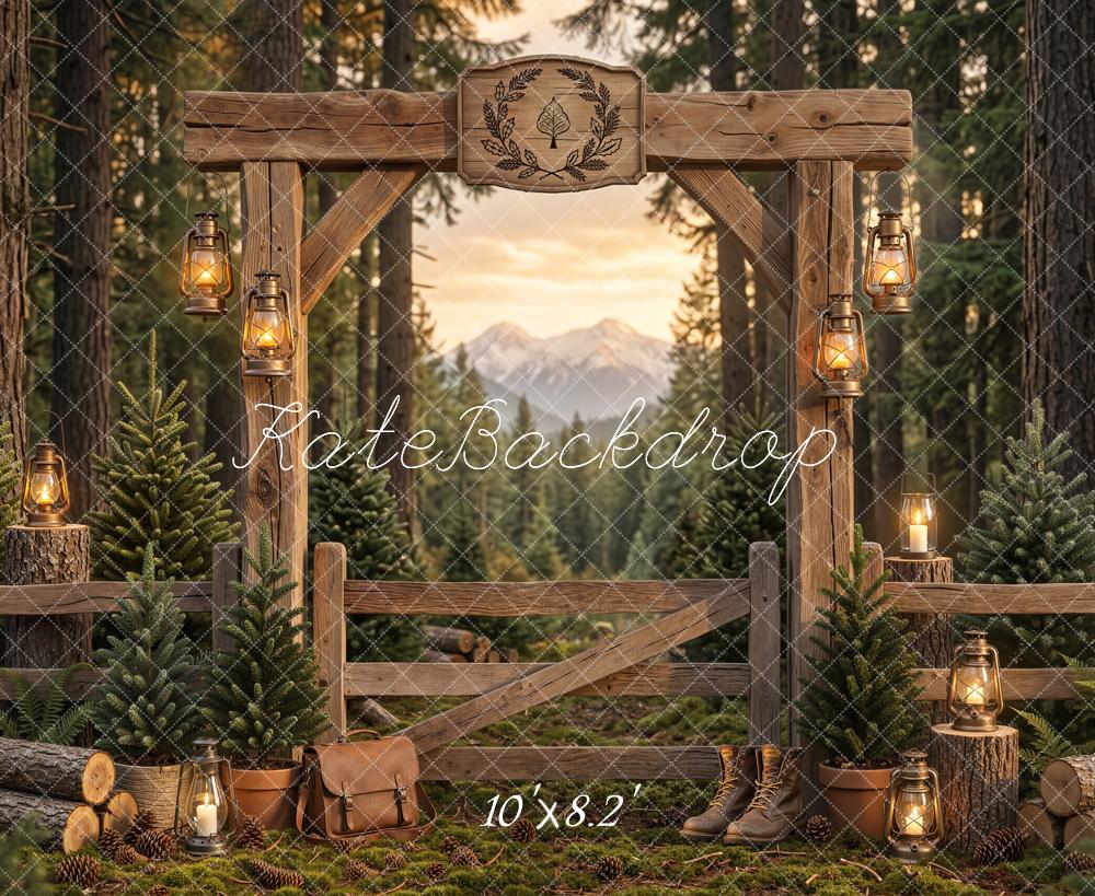 Kate Hiking Forest Wooden Arch Pine Trees Lanterns Printed Backdrop Designed by Emetselch