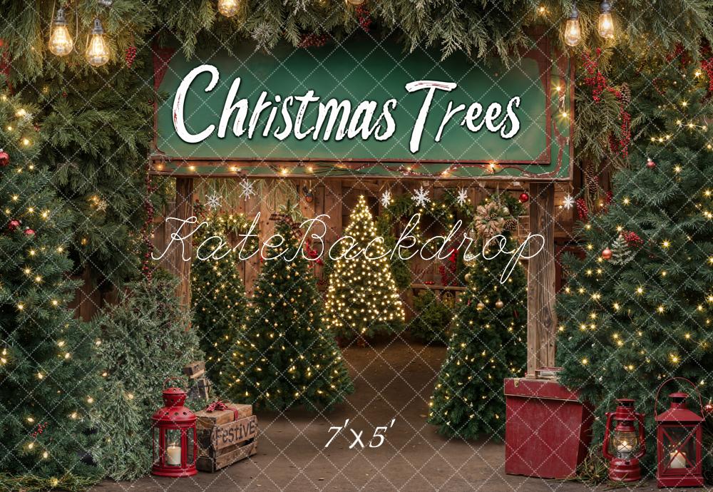 Kate Christmas Trees Rustic Lanterns Barn Printed Backdrop Designed by