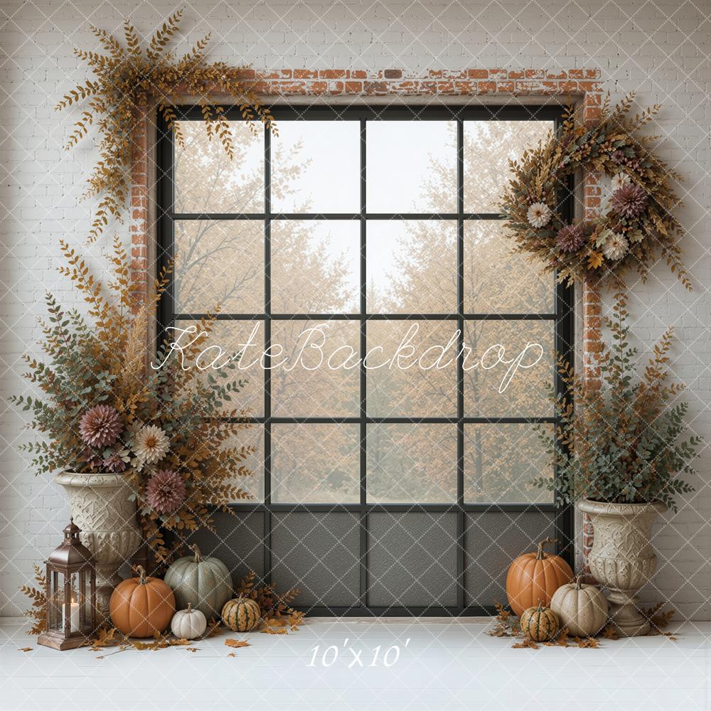 Kate Fall Cozy Window Dried Flowers Pumpkins Printed Backdrop Designed by Ashley Ward