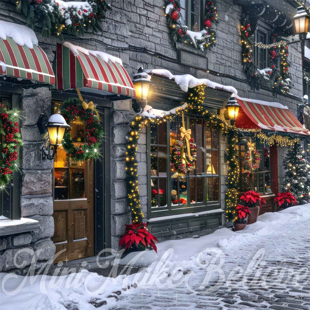 Kate Christmas Night Vintage Street Store Backdrop Designed by Mini MakeBelieve