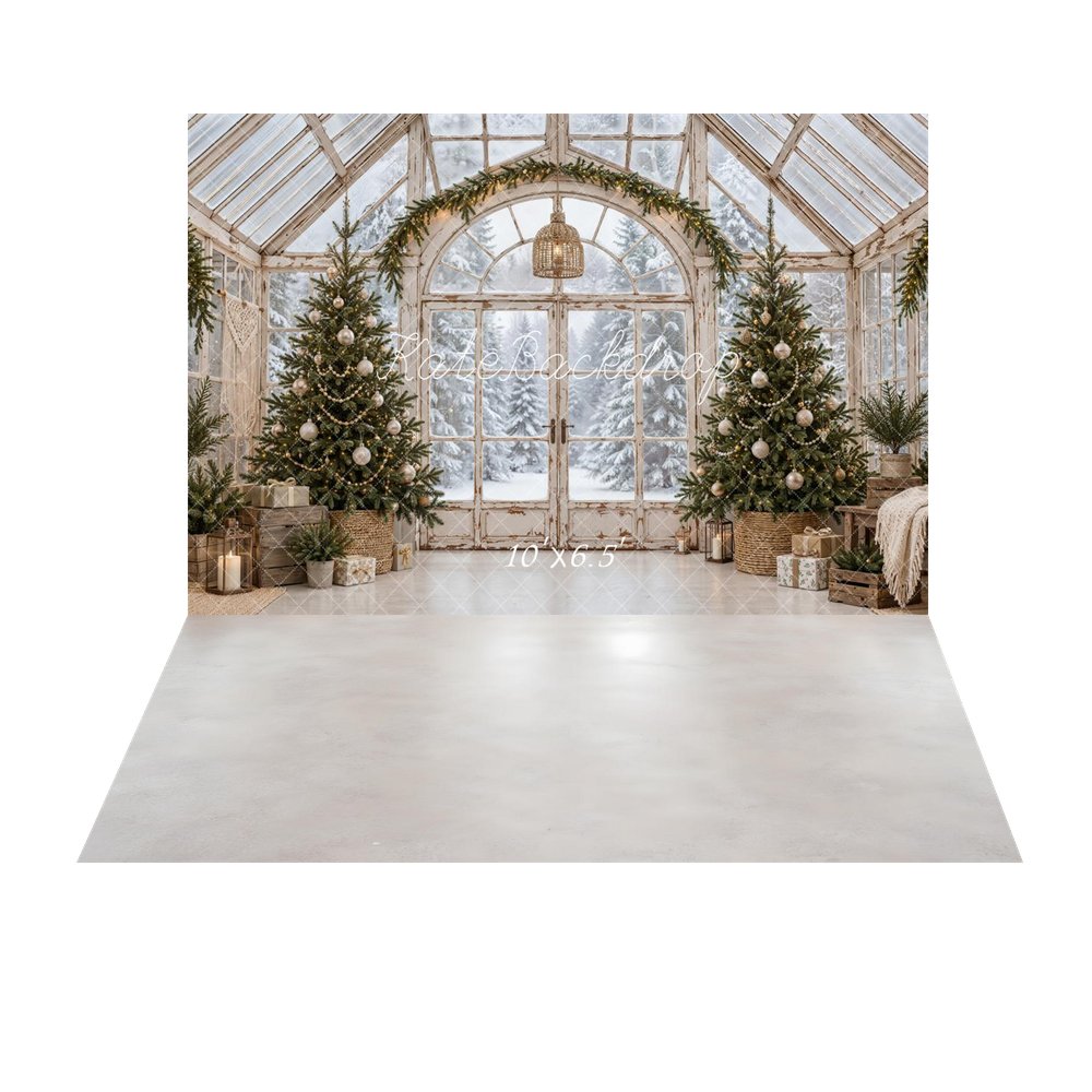 Kate Christmas Greenhouse Twin Trees Snowy Forest Printed Backdrop+Light Gray Glossy Floor Printed Backdrop