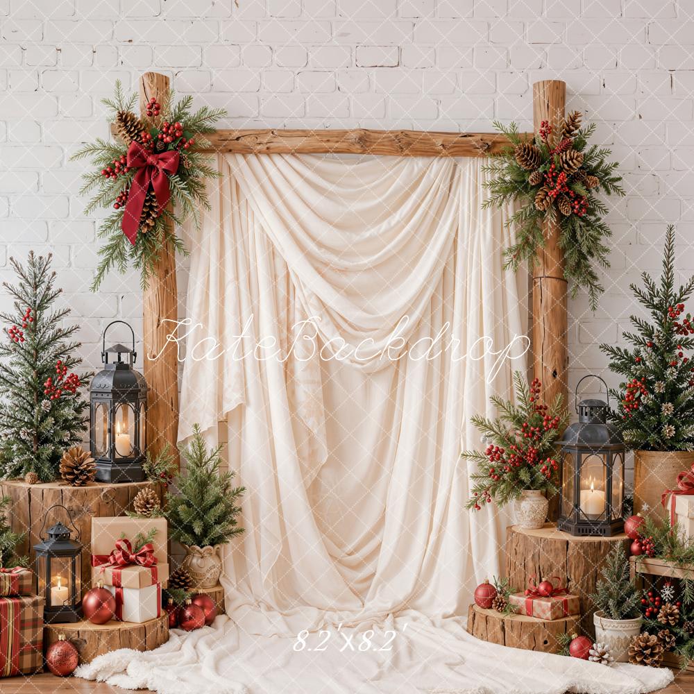 Kate Christmas Wood Arch Pine Trees White Drapes Lanterns Presents Printed Backdrop Designed by Emetselch