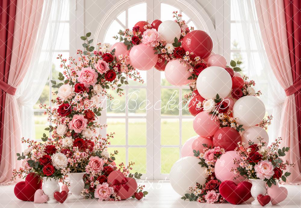 Kate Valentine's Day Floral Balloon Arch Window Curtains Roses Printed Backdrop Designed by Emetselch